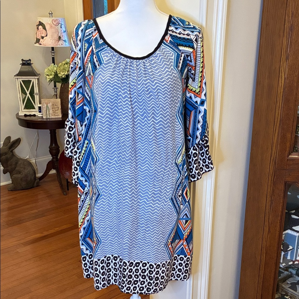 Uncle Frank Blue and Multicolor Geometric Mini Dress with Flowing Sleeves